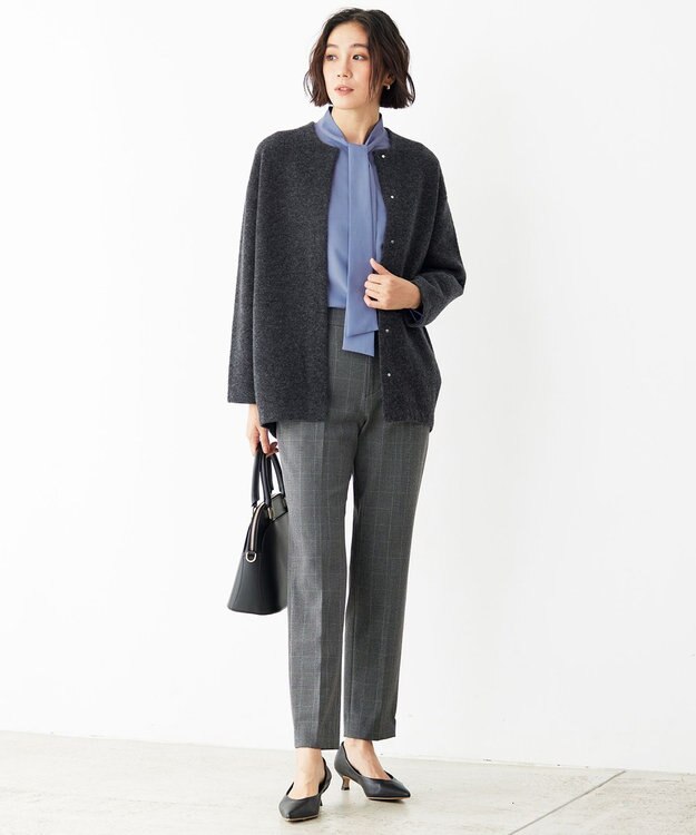 自由区 【撥水加工・洗える】TRギャバ裏起毛チェック柄テーパード パンツ グレーチェック