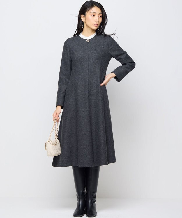 組曲 【2WAY】ラメフラノ フリル襟ワンピース チャコールグレー系