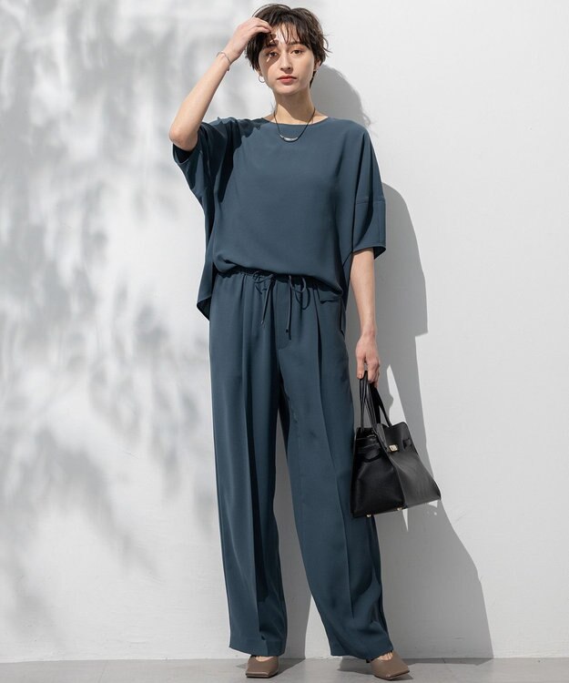 23区 【接触冷感/UVカット/吸水速乾】ストレッチジョーゼット ワイド パンツ ダークグリーン系