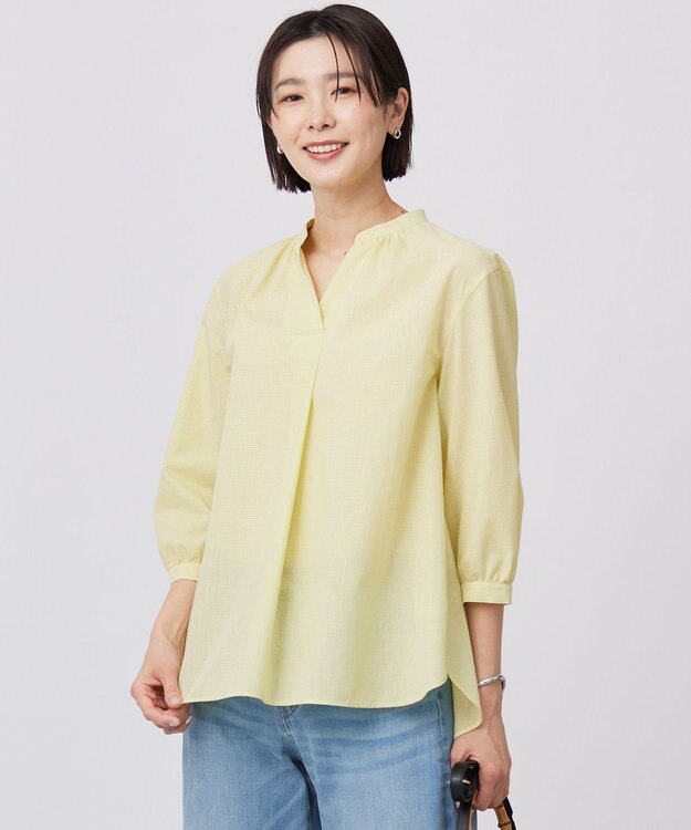 J.PRESS LADIES 【洗える】リネンminiチェック バンドカラー プルオーバー ブラウス ピスタチオ系