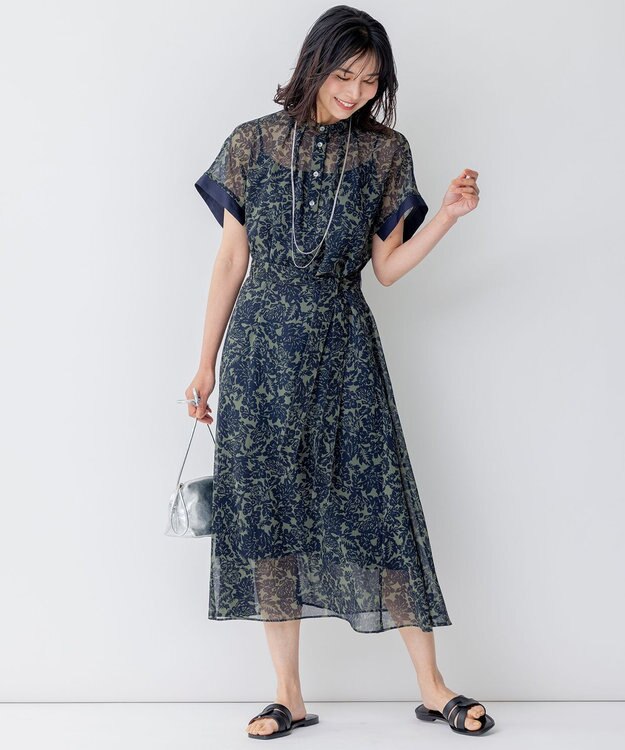 23区 ボタニカルプリント フレア ワンピース カーキ×ネイビープリント