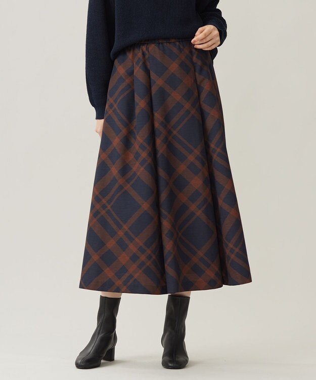 自由区 L 【洗える】スラブチェックプリント スカート ネイビー×ブラウンチェック