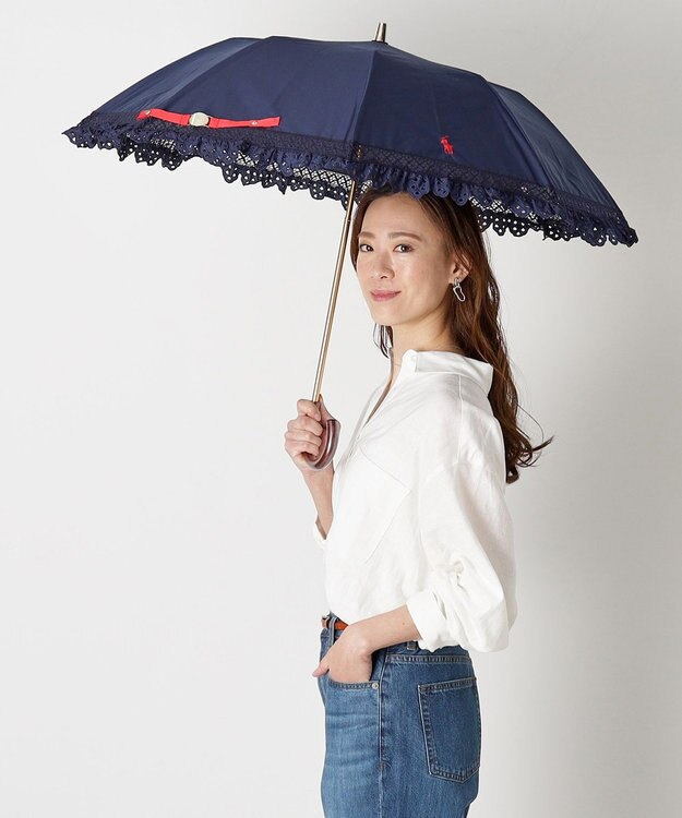MOONBAT 【遮光/晴雨兼用日傘】POLO RALPH LAUREN（ポロラルフローレン） 折りたたみ日傘 エンブフリル 遮熱 UV ディープブルー