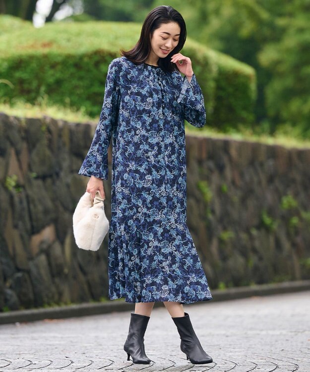 自由区 L 【洗える】バロックプリント ワンピース ネイビー系5