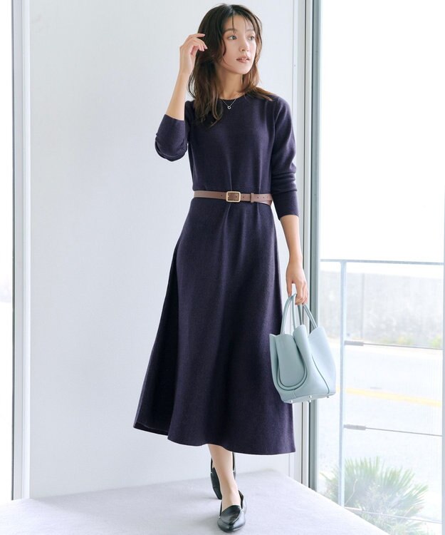 Tiaclasse 【選べる着丈・洗える】 ニットワンピース ミモレ丈：ネイビー