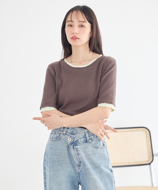 earth music&ecology レイヤードライクバイカラープルオーバー Brown