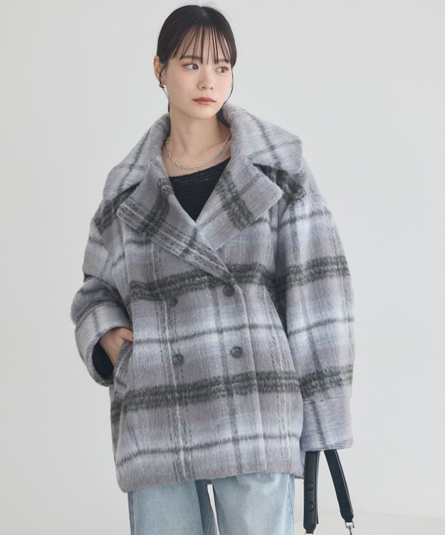 earth music&ecology チェックシャギーコート Check Gray