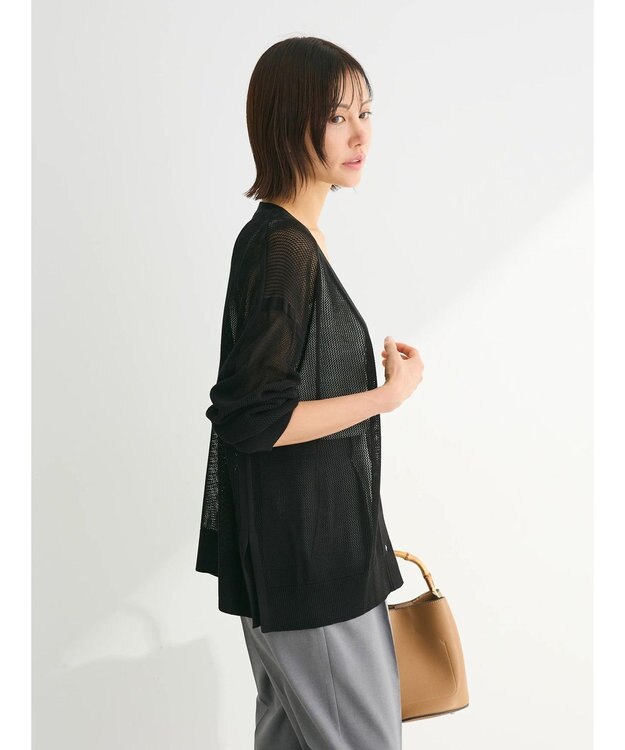Green Parks メッシュミディ丈ニットカーディガン Black