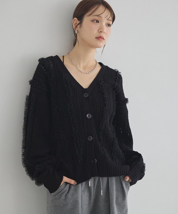 earth music&ecology チュールフリルニットカーディガン Black