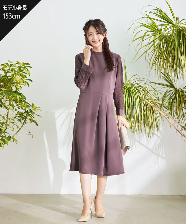 Tiaclasse L 【洗える】レーススリーブワンピース モーヴピンク