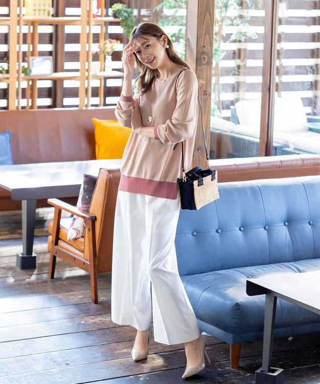 Tiaclasse L 【新色追加・洗える】配色スリットニット モーヴピンク