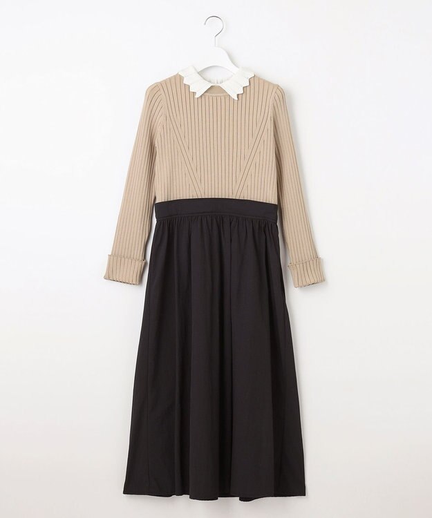 Feroux 【洗える】バイカラー襟ニットドッキング ワンピース ベージュ系