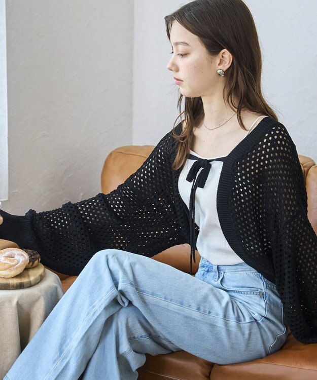 WEGO 【紫外線対策/手洗い可】メッシュリボンボレロ ブラック