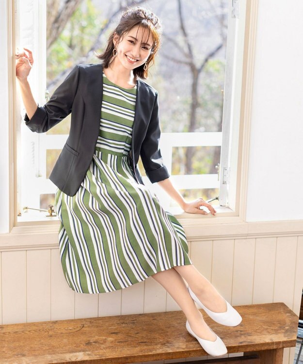 Tiaclasse 【洗える】 1枚でサマになるマルチボーダーワンピース カーキ