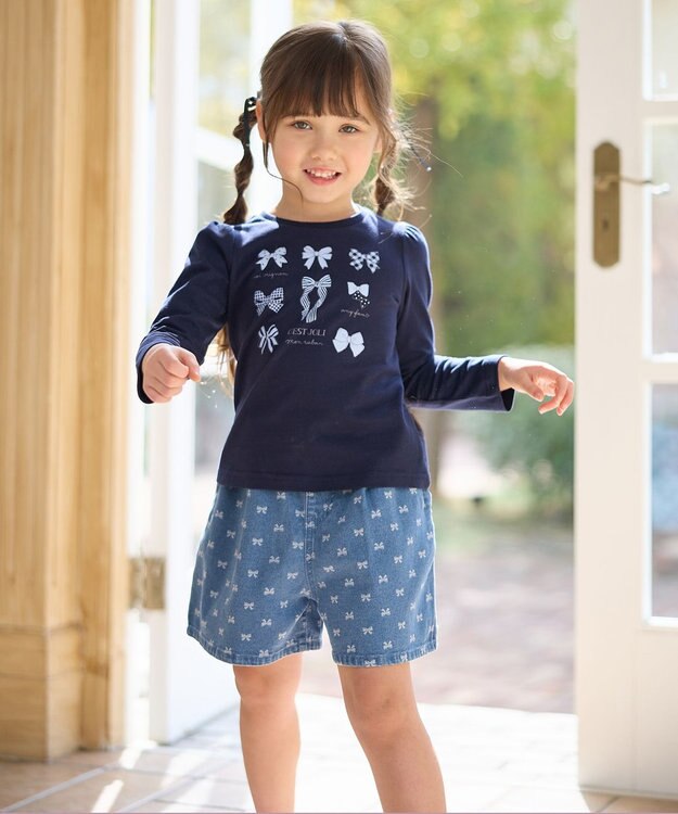 ANY KIDS 【WEB限定】7days プリント 長袖Tシャツ ネイビー×リボン