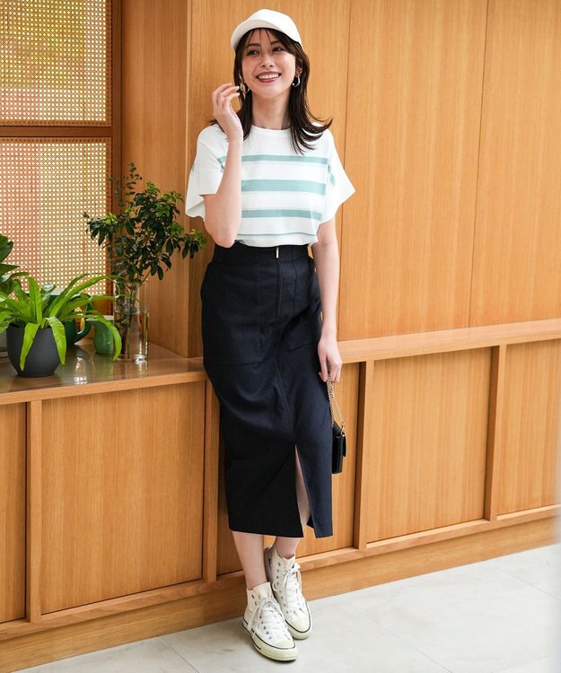 ANY SIS 【2WAY】フロントジップタイト スカート ネイビーシャンブレー