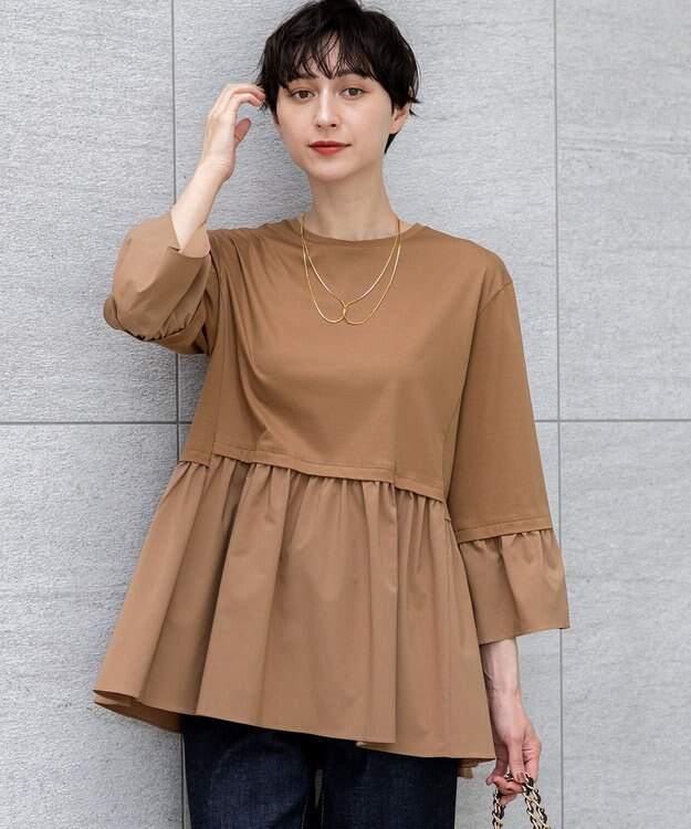 23区 【洗える】シルキータフタコンビ ペプラム カットソー キャメル系