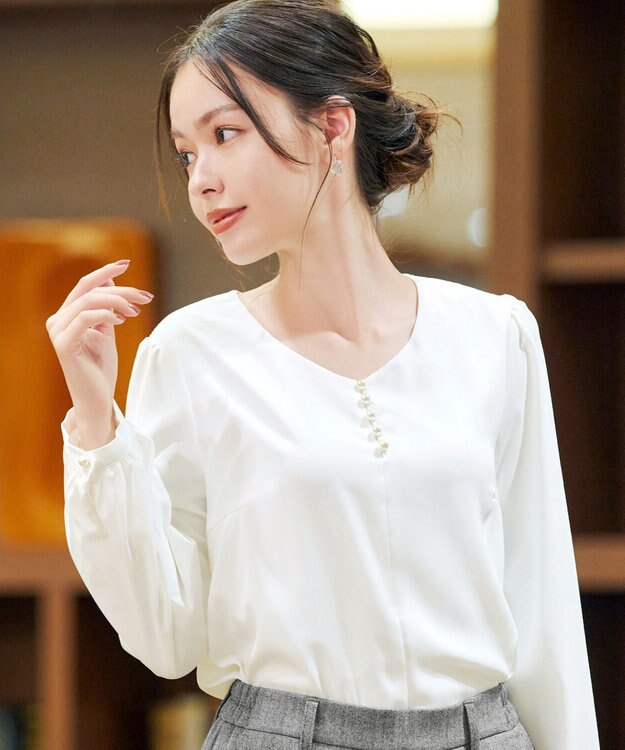 Tiaclasse 【スマート裏起毛・洗える】パールボタンブラウス オフホワイト