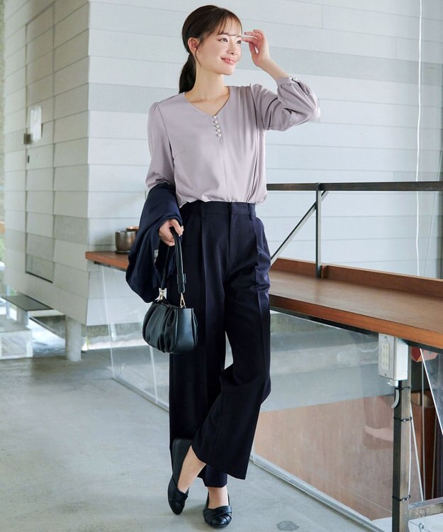 Tiaclasse 【スマート裏起毛・洗える】パールボタンブラウス グレー