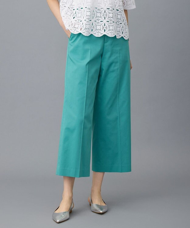 自由区 コットンサテンクロップド丈ワイドストレート パンツ ［新色］ピーコックグリーン系