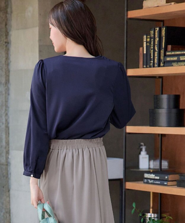 Tiaclasse 【スマート裏起毛・洗える】パールボタンブラウス ネイビー