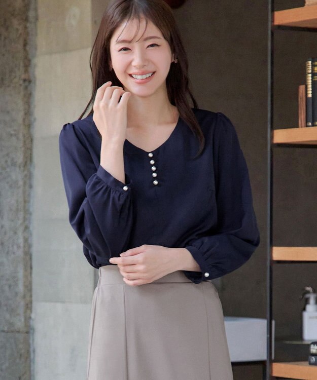 Tiaclasse 【スマート裏起毛・洗える】パールボタンブラウス ネイビー