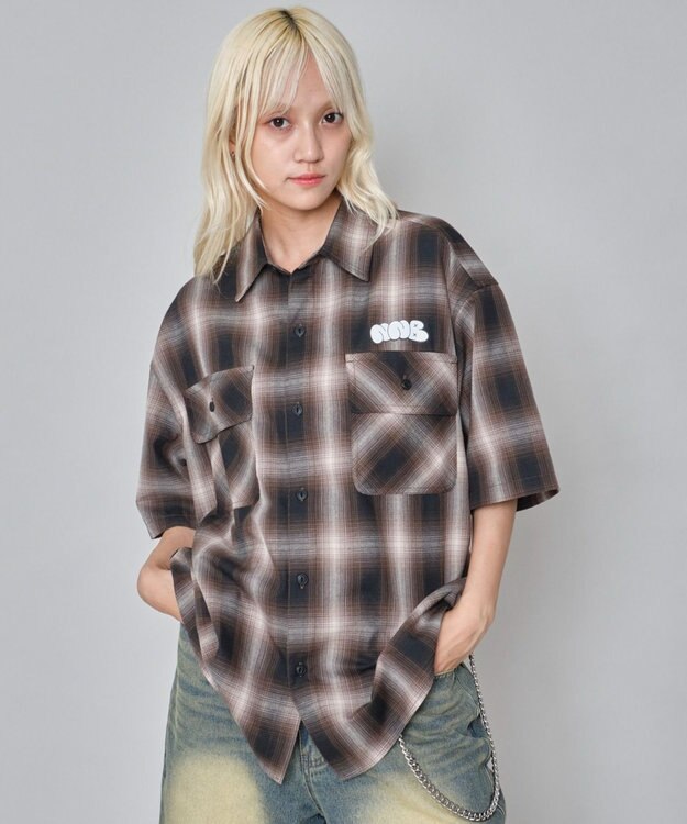 WEGO 【ユニセックス着用ITEM/MLサイズ展開】イラストオンブレチェックシャツ（SS） ブラウンチェック1