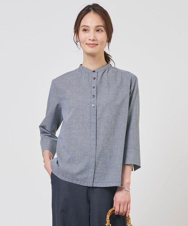 J.PRESS LADIES リネンminiチェック バンドカラー ブラウス ネイビーギンガム系