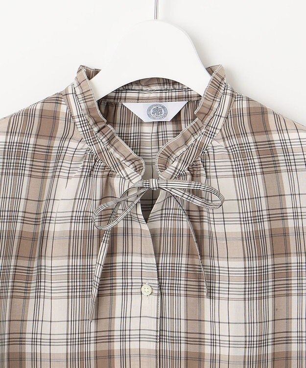 J.PRESS LADIES 【洗える】キュプラチェック フリルスタンドカラー ブラウス ベージュ系3
