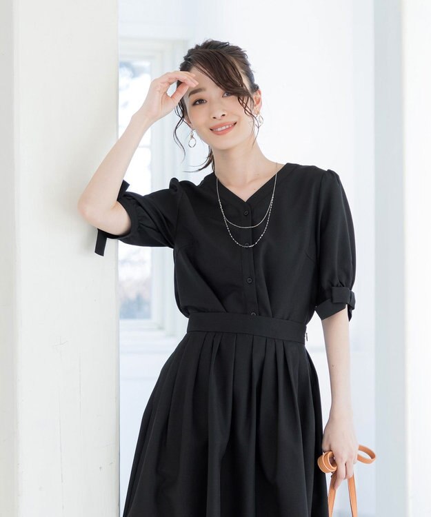 Tiaclasse L 【洗える】麻調リボン袖ブラウス ブラック