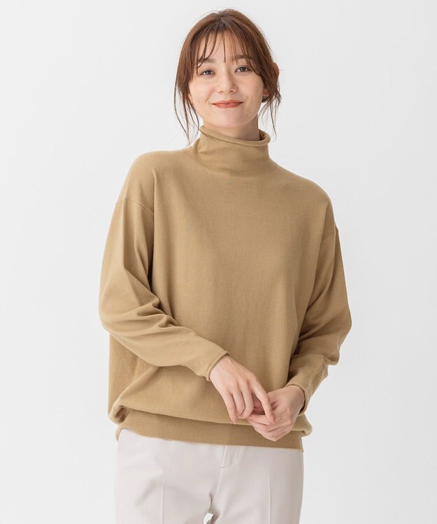 自由区 【洗える】ソフトウールハイゲージ ハイネックニット キャメル系