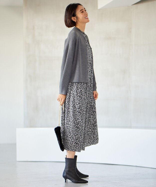 自由区 L 【洗える】フラワーペタルプリント ワンピース モノトーン系