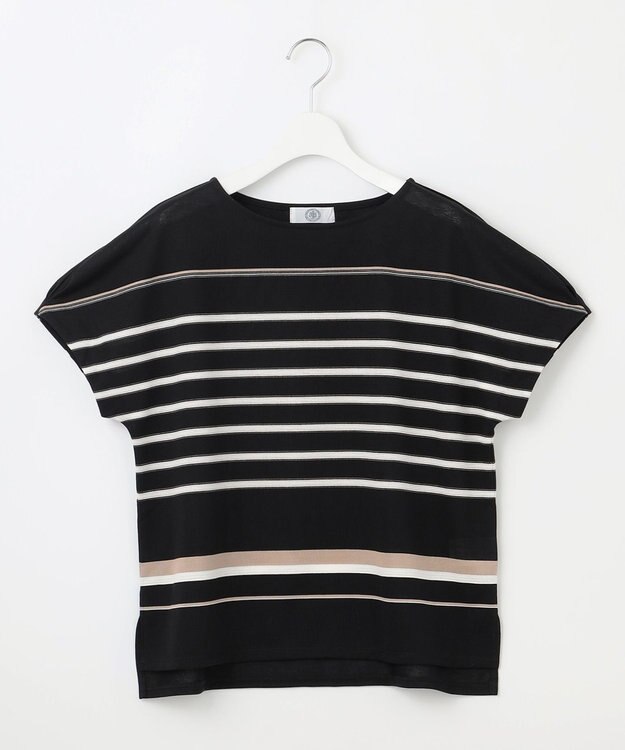 J.PRESS LADIES L パネルボーダー フレンチスリーブ カットソー ブラック系1