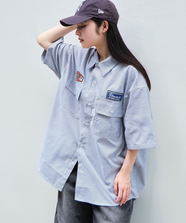 WEGO 【ユニセックス着用ITEM/MLサイズ展開】オックスフォードワッペンシャツ（SS） ブラックストライプ