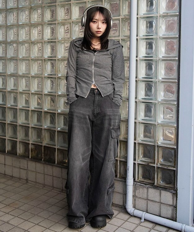 WEGO サイドリボンカットジップパーカー 柄1