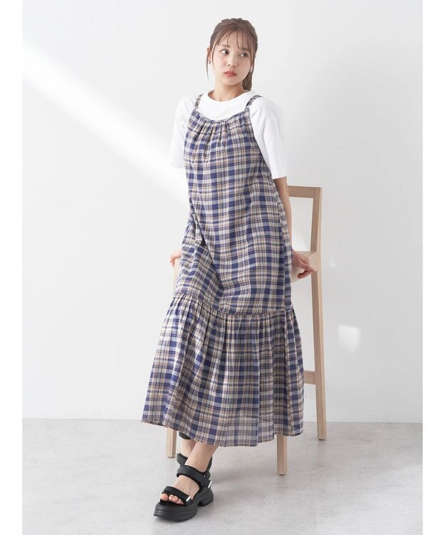earth music&ecology マドラスチェックキャミワンピース Navy