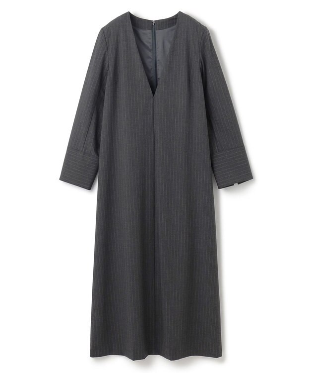 UNFILO ウールライク Vネックワンピース チャコールストライプ