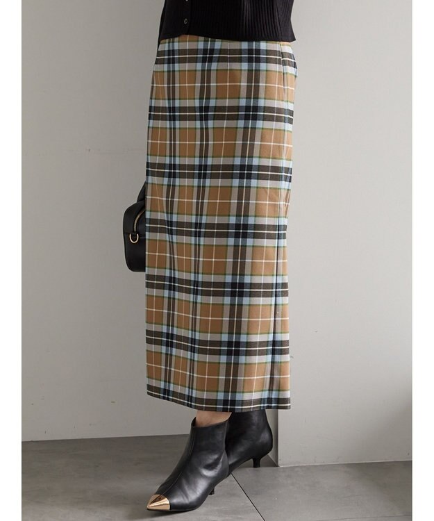 Te chichi チェックナロースカート キャメル