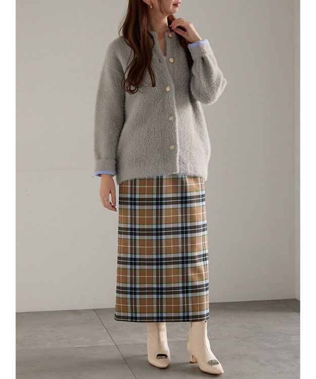 Te chichi チェックナロースカート キャメル
