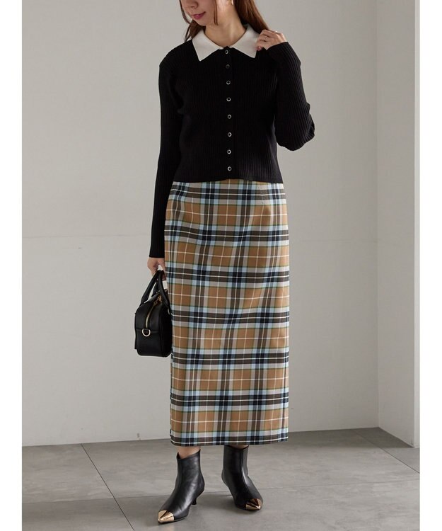 Te chichi チェックナロースカート キャメル