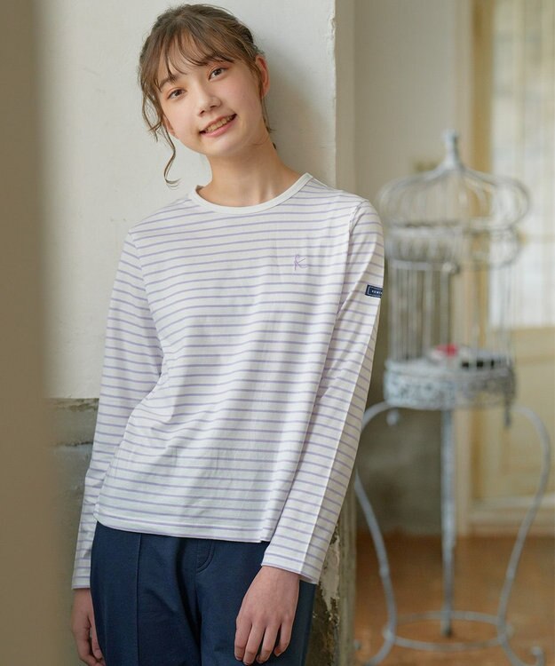 組曲 KIDS 【150-160cm】長袖ボーダー Tシャツ ラベンダー×オフホワイト
