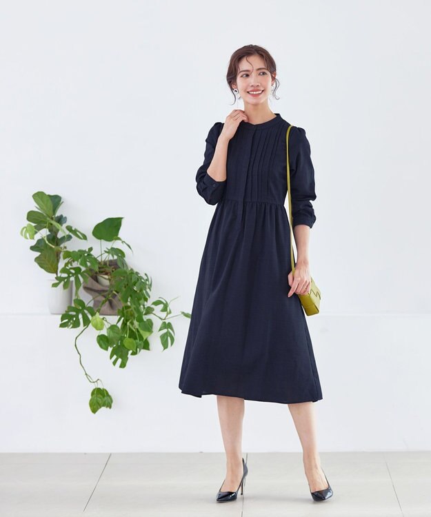 Tiaclasse 【洗える】バンドカラーチェック柄シャツワンピース ネイビー