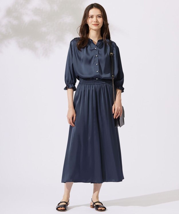 自由区 L 【カタログ掲載・セットアップ対応・ウエストゴム・洗える】セミブライトサテンギャザー パンツ インク