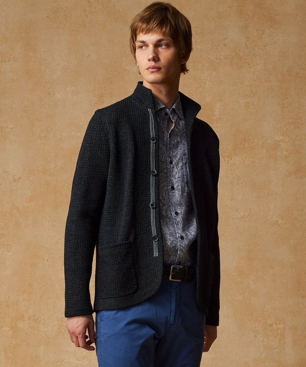 JOSEPH ABBOUD 【和紙使用エコ素材/日本素材/軽量/通気性/速乾性】和紙ムリネ ニット ジャケット ネイビー系