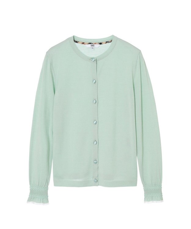 DAKS キュプラ混クルーネックカーディガン ミニフリル袖 シルトグリーン