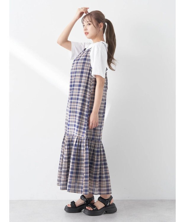earth music&ecology マドラスチェックキャミワンピース Navy