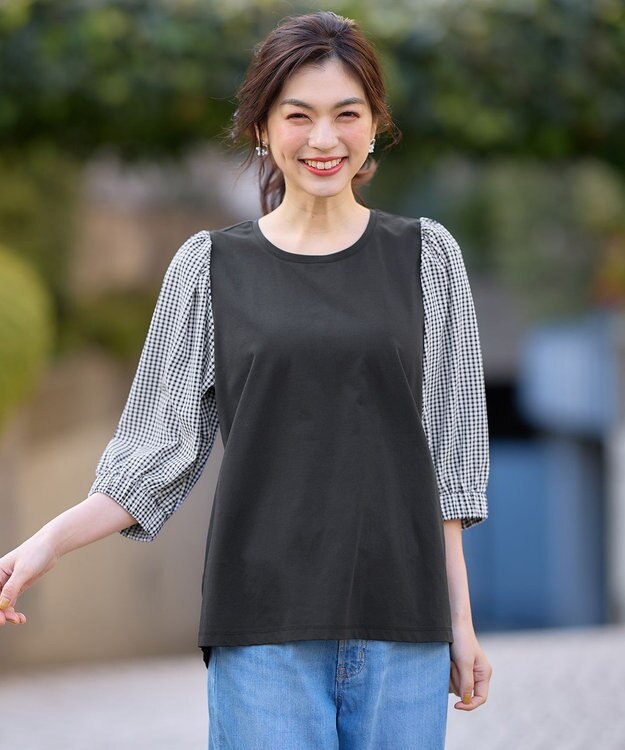 ANY L 布帛コンビプルオーバー ブラックギンガム