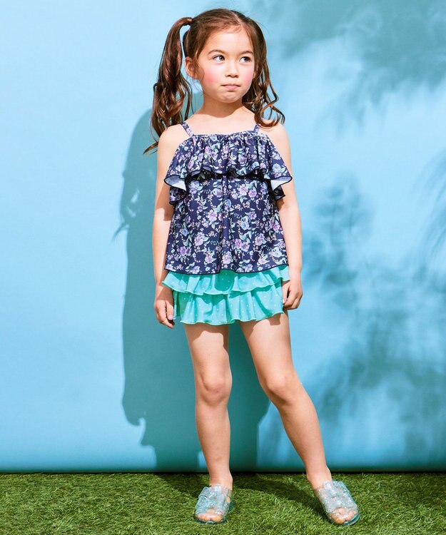 ANY KIDS 花柄×ドット柄 セパレート 水着 ネイビー花柄×ミントドット