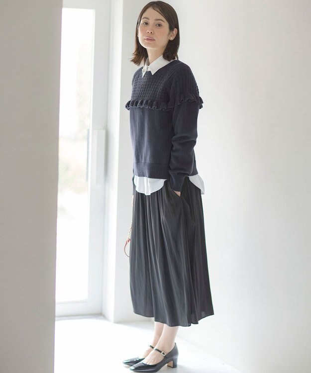 組曲 バスケット編みフリル ニット ネイビー系