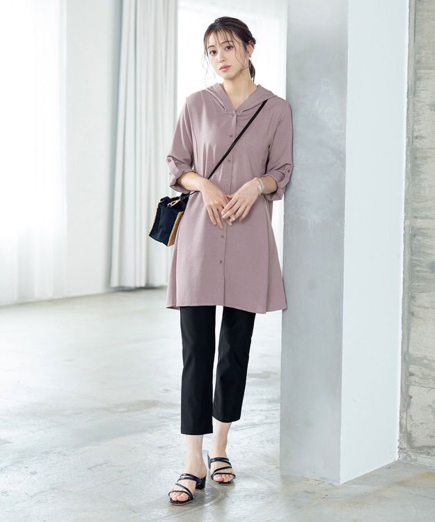 Tiaclasse 【新色追加・洗える】麻調パーカーチュニックブラウス モカ